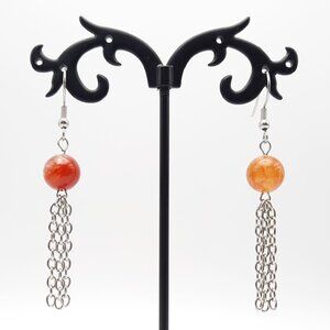 Red Amber Chakra Healing Gemstone Dangle Drop Chain Earrings Handmade Jewelry